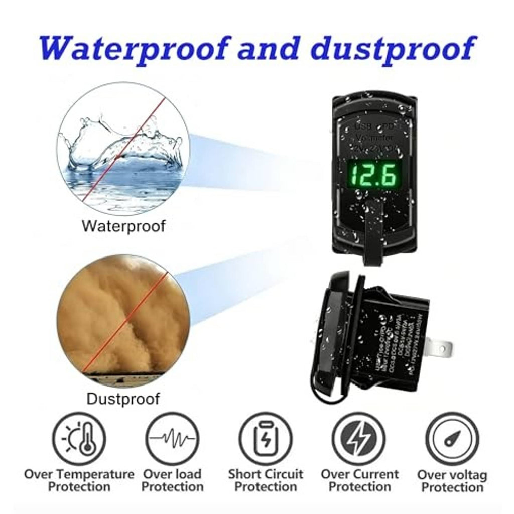 Dual-port USB rocker charger with waterproof dustproof protection indicators