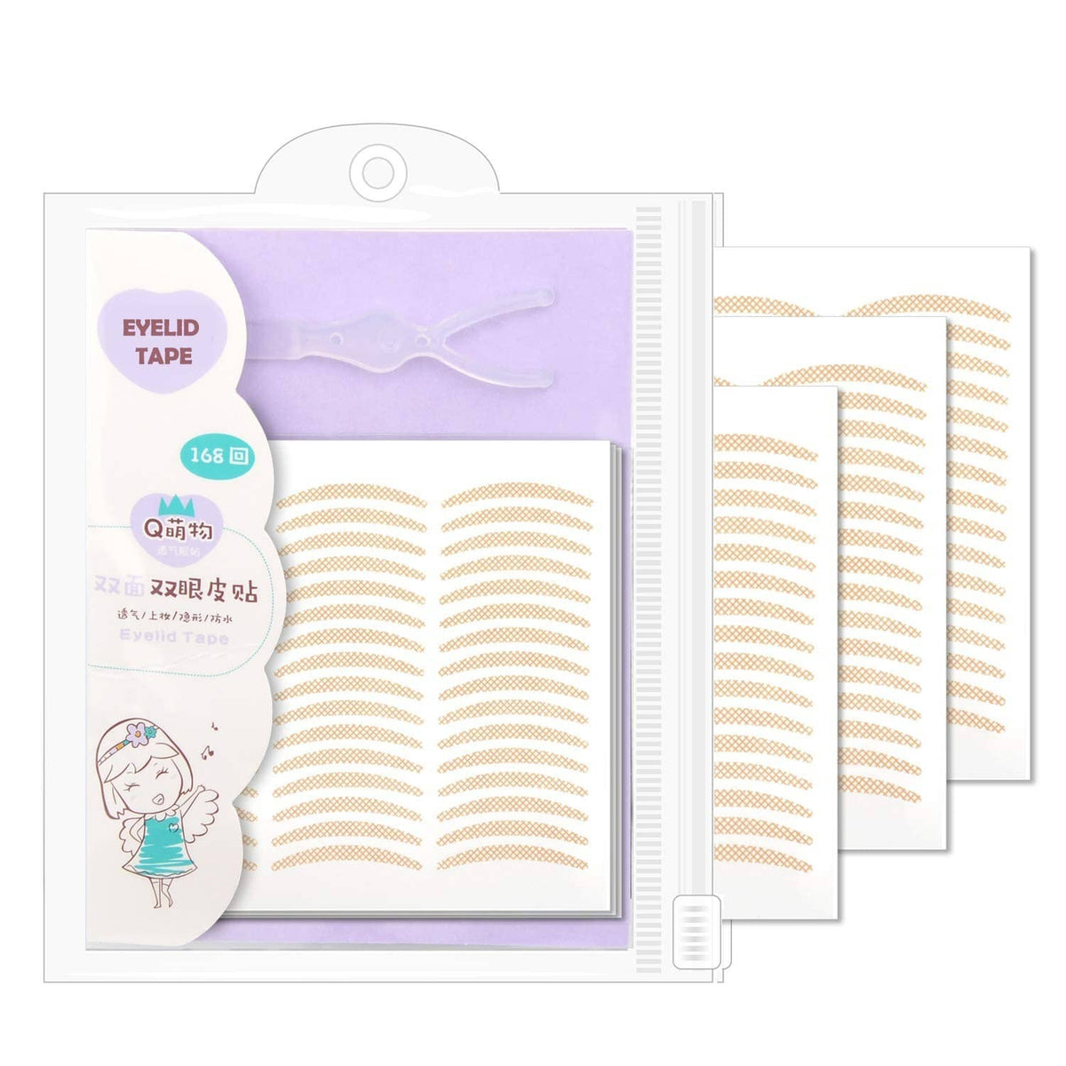 Invisible single-side eyelid tape sticker kit with 168 gold strips in purple package