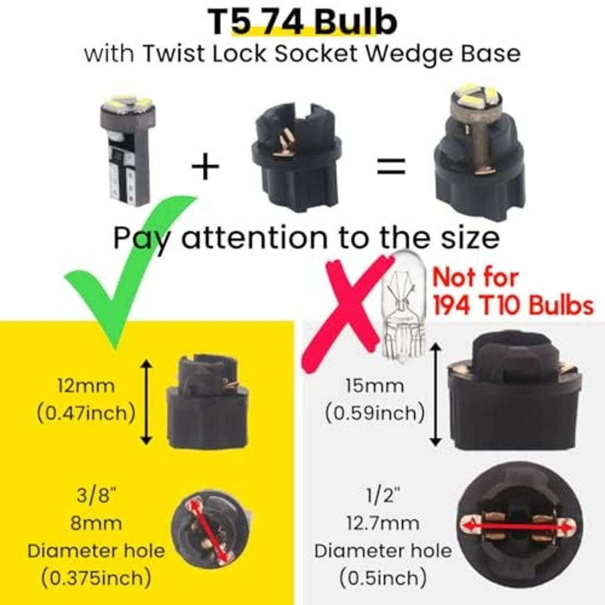 T5 74 LED bulb with twist-lock wedge base; size diagram and polarity markers