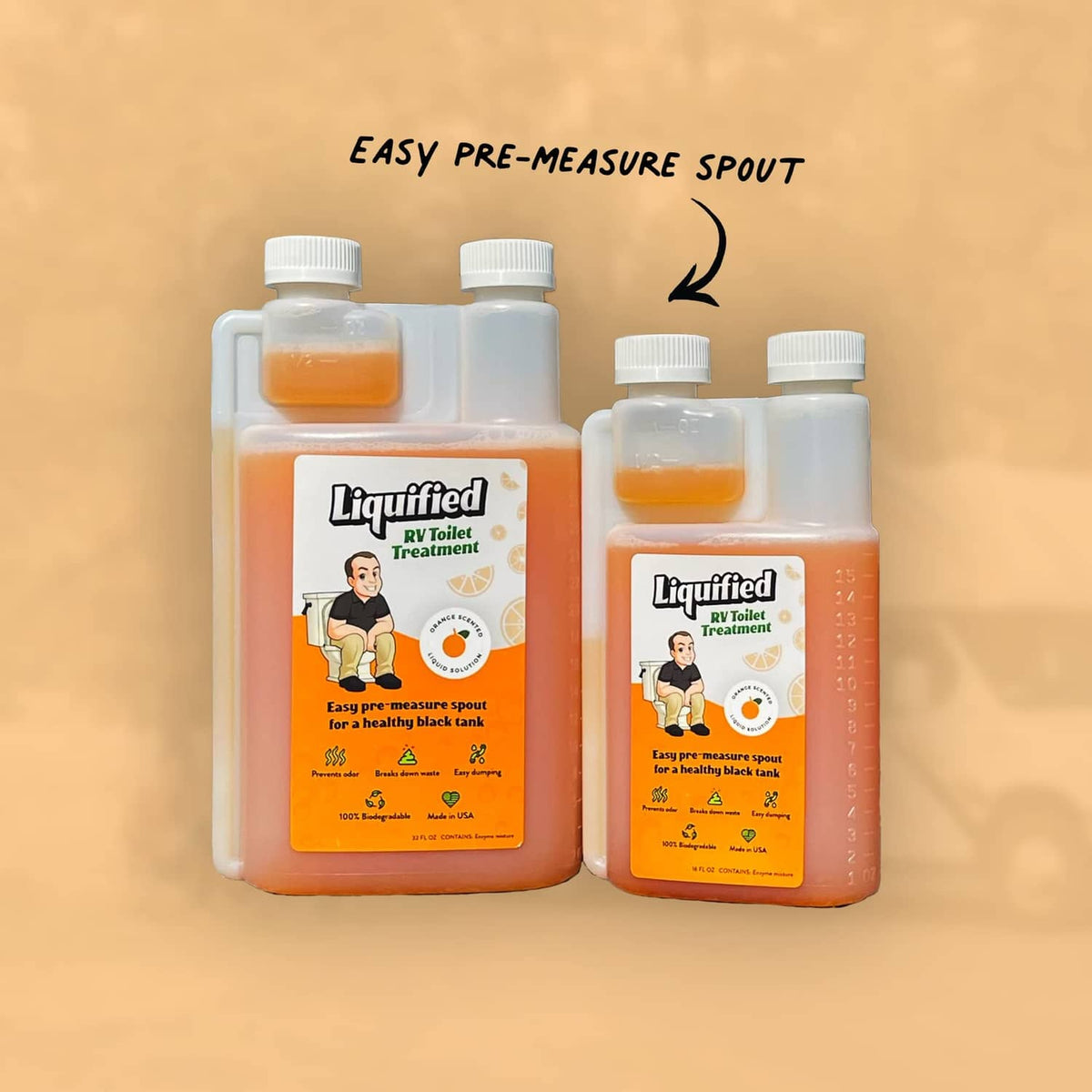 Liquified RV toilet treatment bottles with orange liquid, white caps, front labels