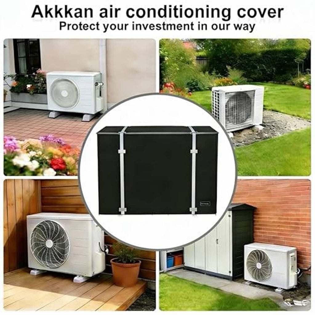 Mini split AC cover in dark fabric with four corner straps, fitted rectangular cover.