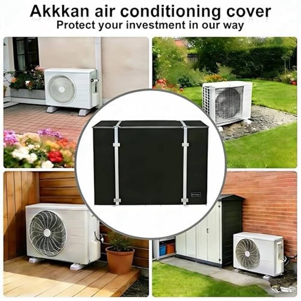 Mini split AC cover in dark fabric with four corner straps, fitted rectangular cover.