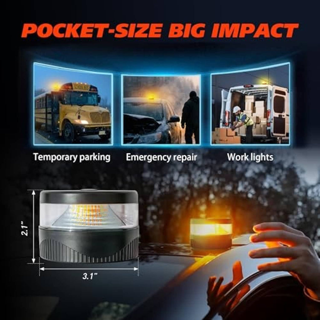 Compact black beacon light with clear lens and warm amber LED strobe, small size
