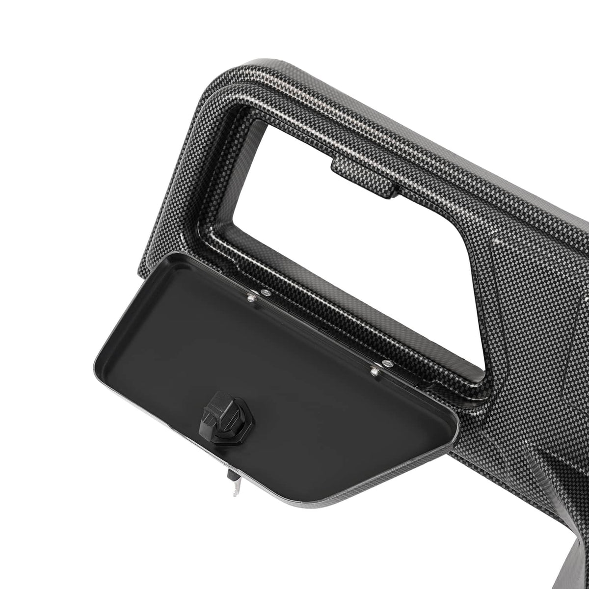 Carbon fiber style dash cover with license-style center cutout and attached mounting plate