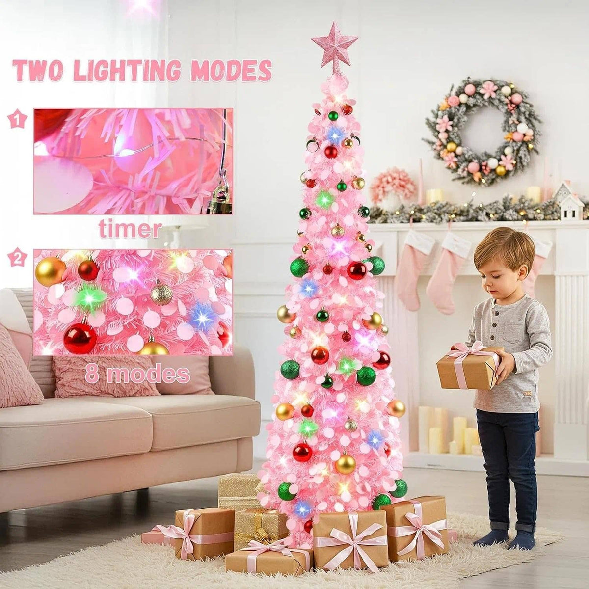 Pink Christmas tree with star topper, multicolor LED lights, two lighting modes