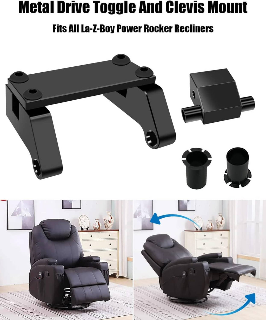 Black metal drive toggle and clevis mount kit with base bracket, sleeves, and pins