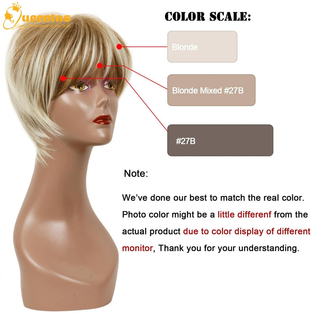 Short blonde pixie wig on mannequin head, layered sides and fringe bangs
