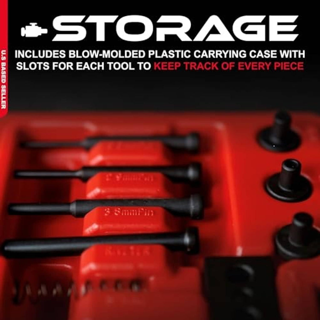 Tool kit storage case with multiple chain press and rivet tools in molded slots