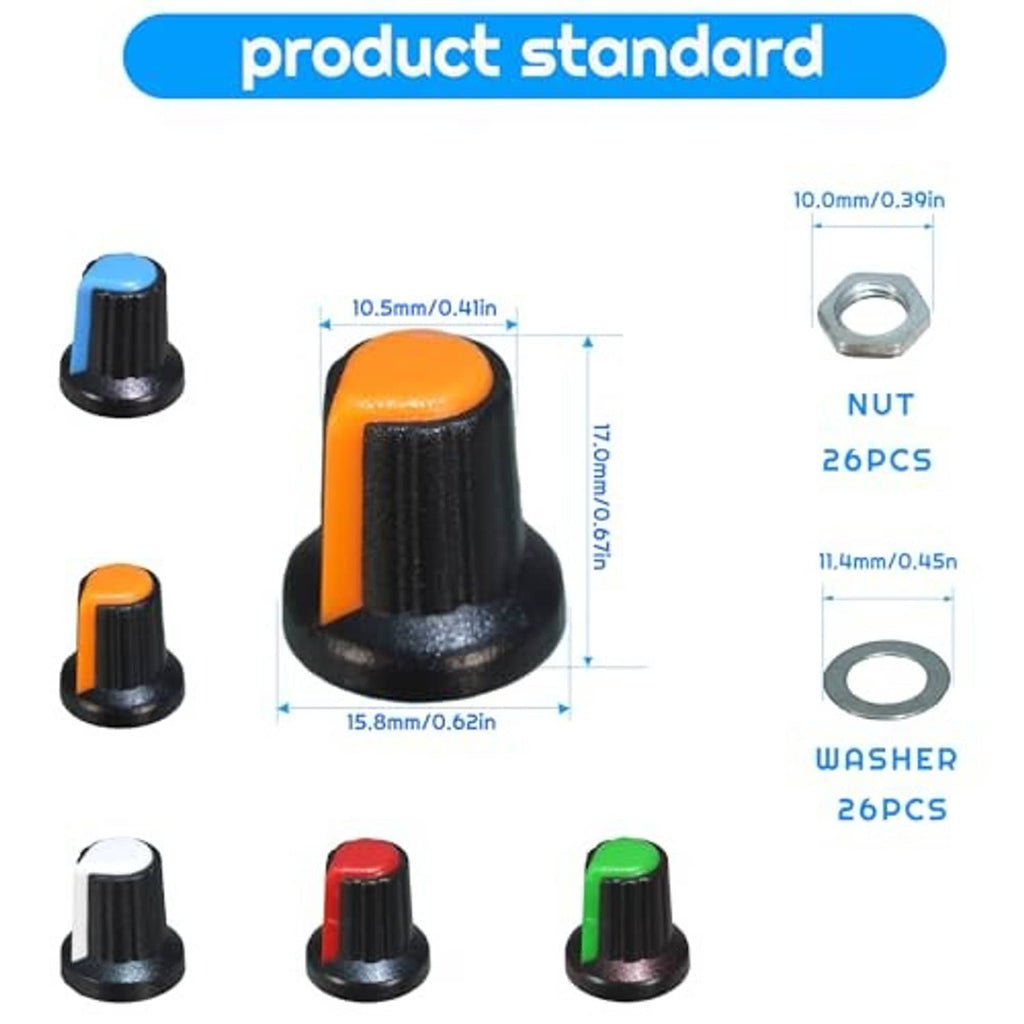 Colored potentiometer knobs with mounting nut and washer sets shown for size reference