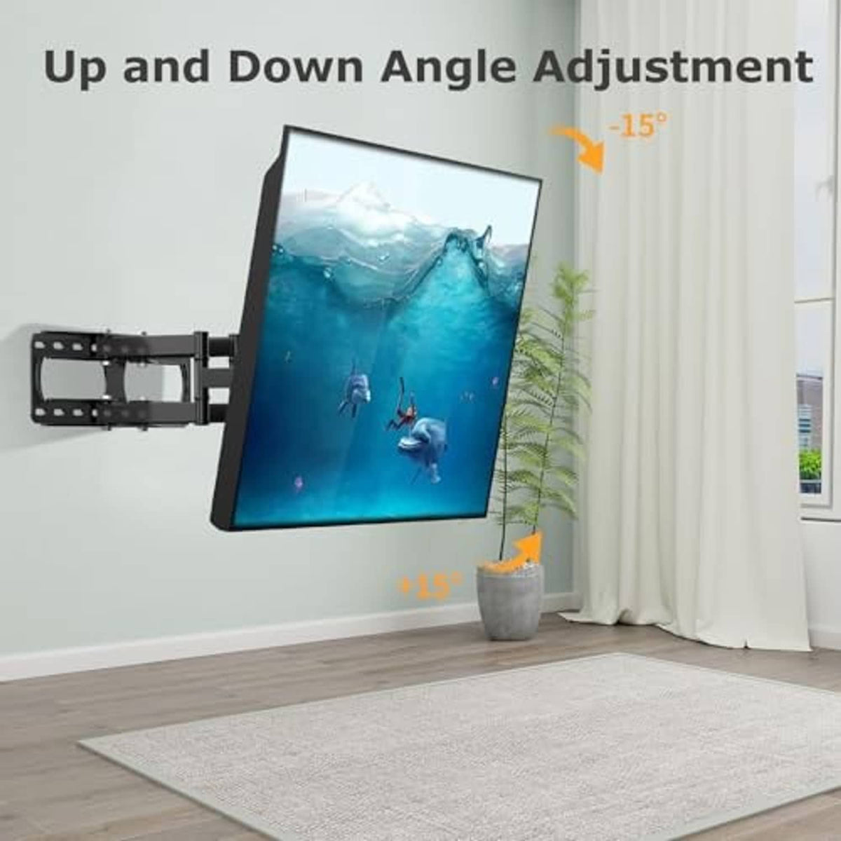 Black full-motion TV wall mount with tilt adjustment arms for up-and-down viewing