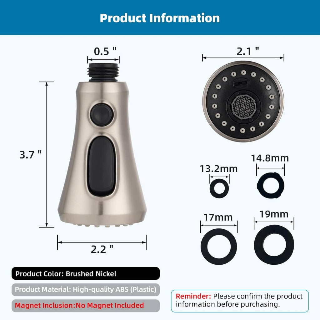 Brushed nickel pull-down faucet sprayer head and round spray face with size callouts