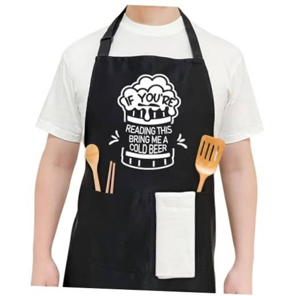 Black BBQ apron with beer quote graphic, utensil icons, and front pocket