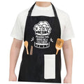 Black BBQ apron with beer quote graphic, utensil icons, and front pocket