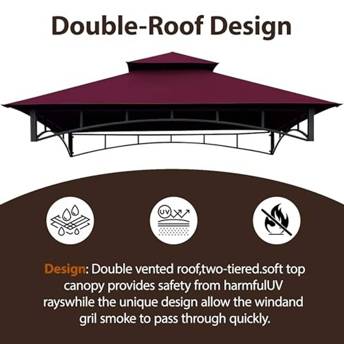 Double-roof gazebo canopy top with burgundy fabric and ventilation-style design icons