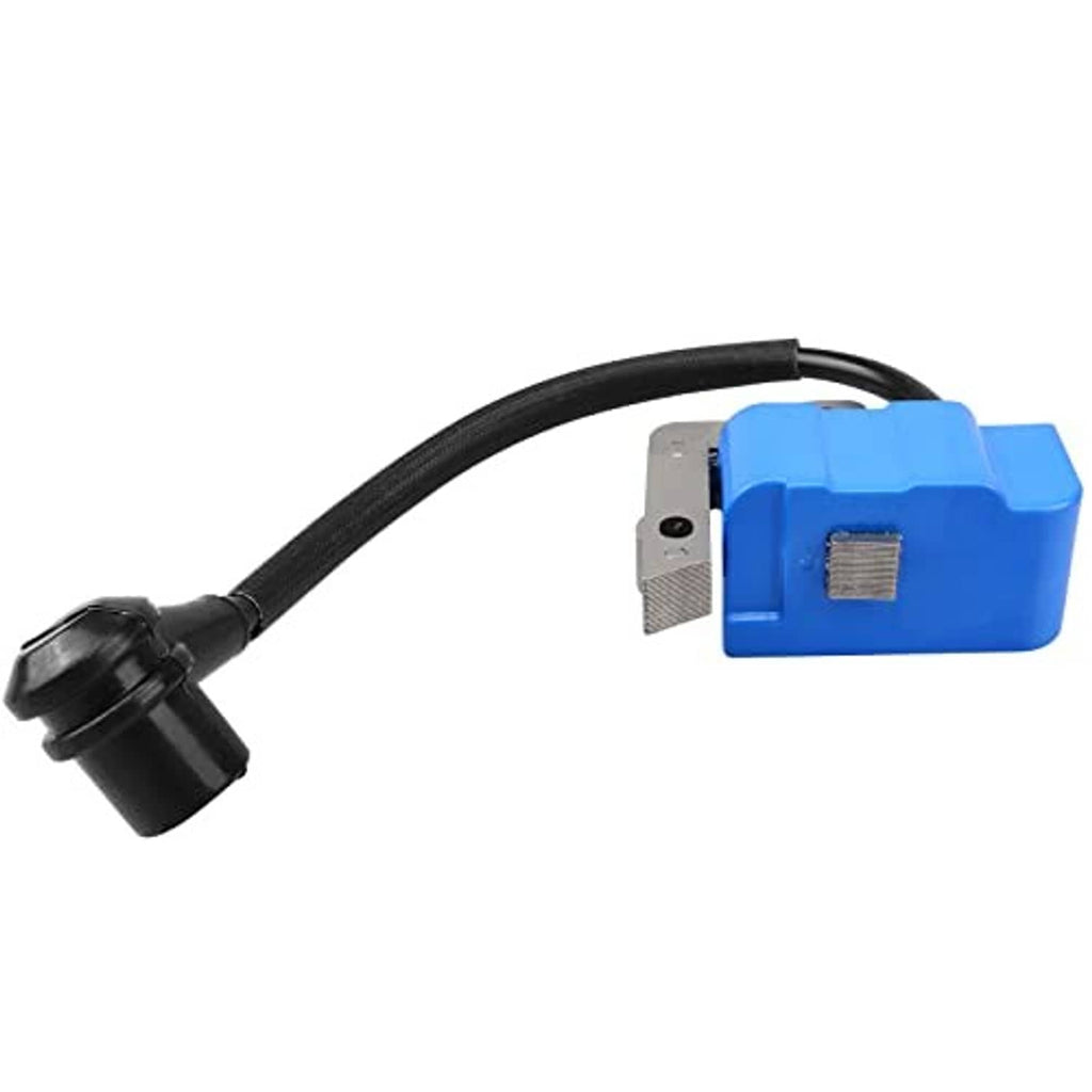 Ignition coil module with blue housing and black high-tension wire with end cap