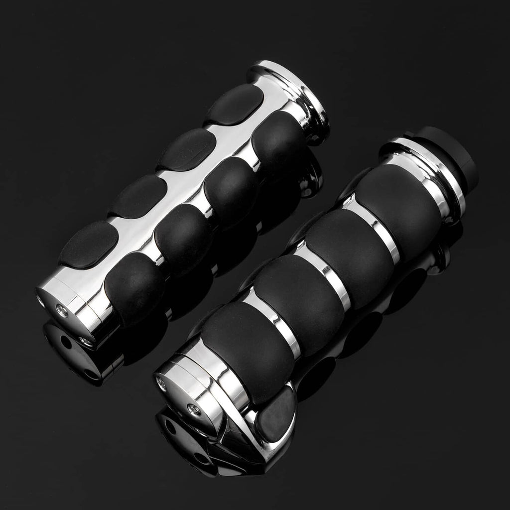 Motorcycle handlebar hand grips, black rubber with chrome bands and contoured sleeves