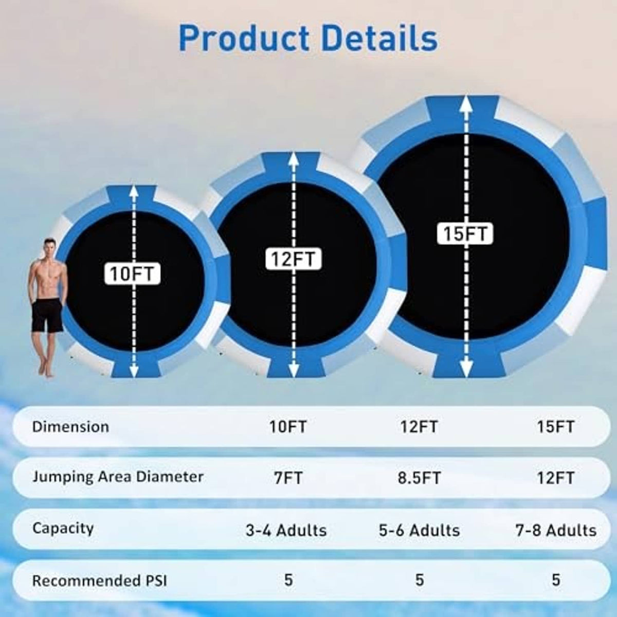 Inflatable water trampoline size chart showing 10FT, 12FT, and 15FT dimensions.