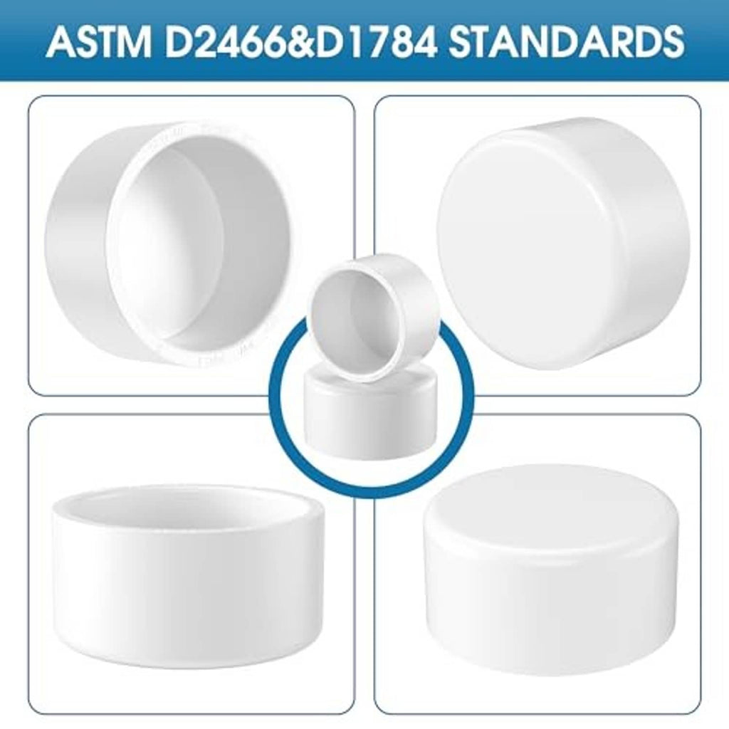 White PVC pipe end caps with matching pipe fitting ends, size and material panel