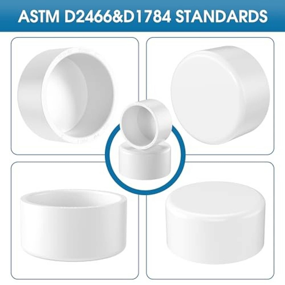 White PVC pipe end caps with matching pipe fitting ends, size and material panel
