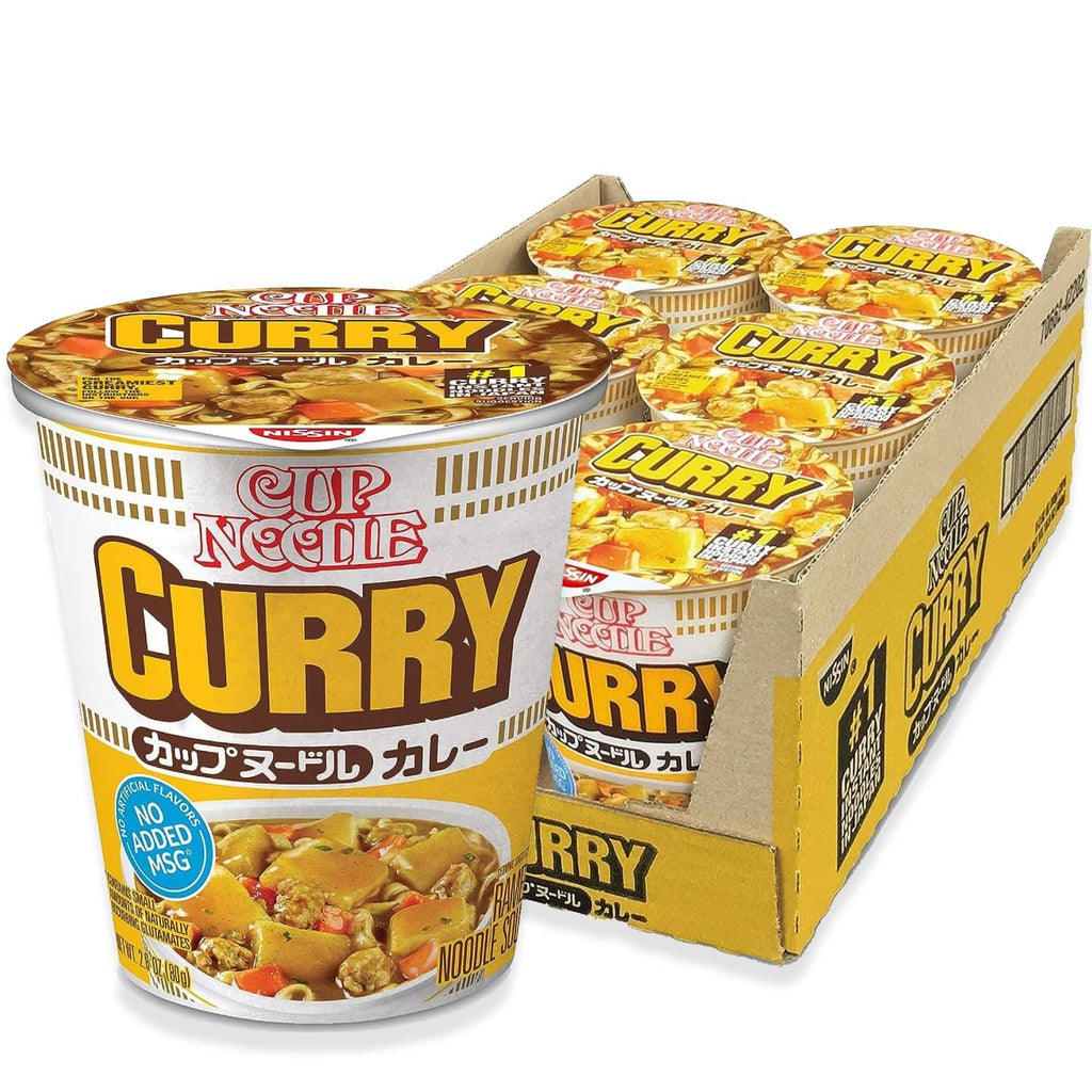 Instant curry cup noodle pack, 6 cups in yellow cardboard tray