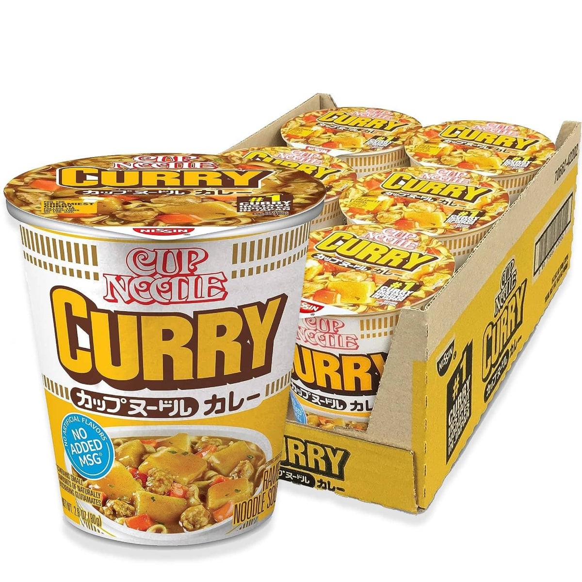 Instant curry cup noodle pack, 6 cups in yellow cardboard tray