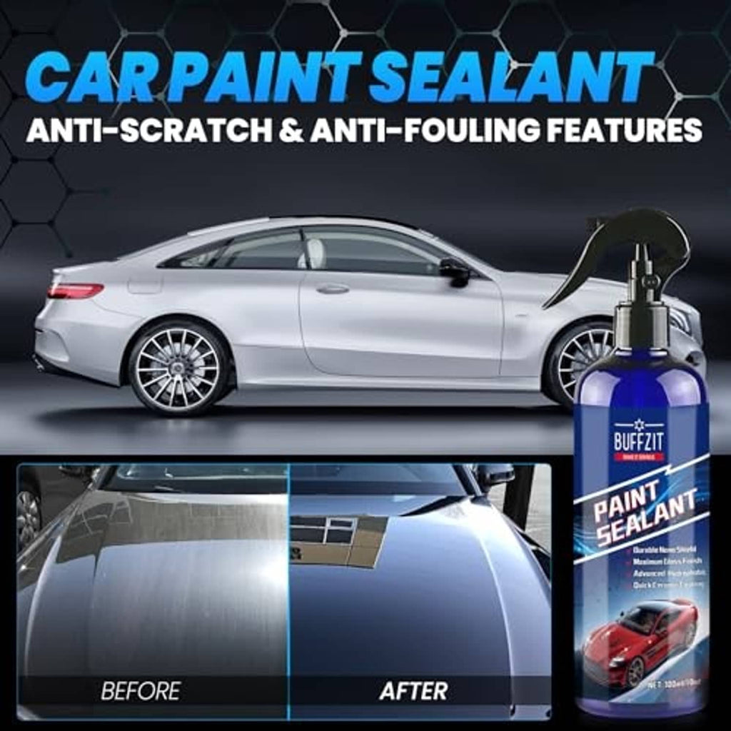 Paint sealant spray bottle on promo graphic with car before and after shine