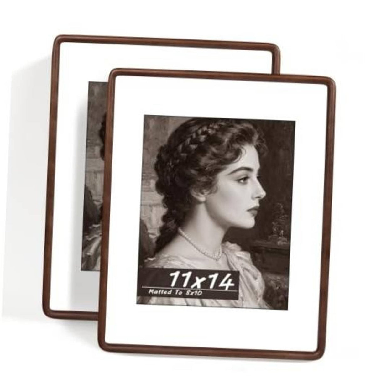 Set of 2 walnut wood picture frames, 11x14 size, front view with photo inserts