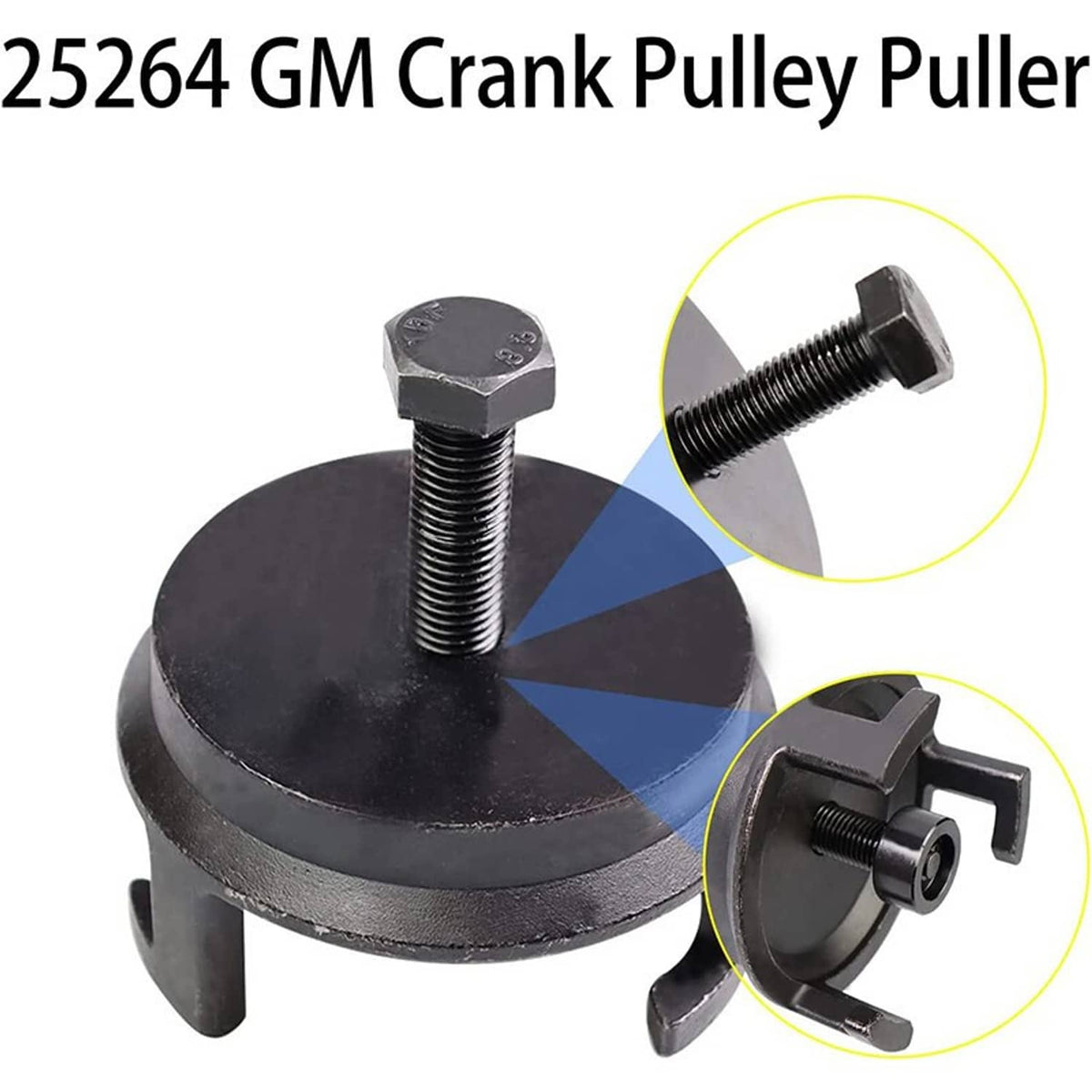 Crank pulley puller with black circular base, threaded bolt, and side pull hooks