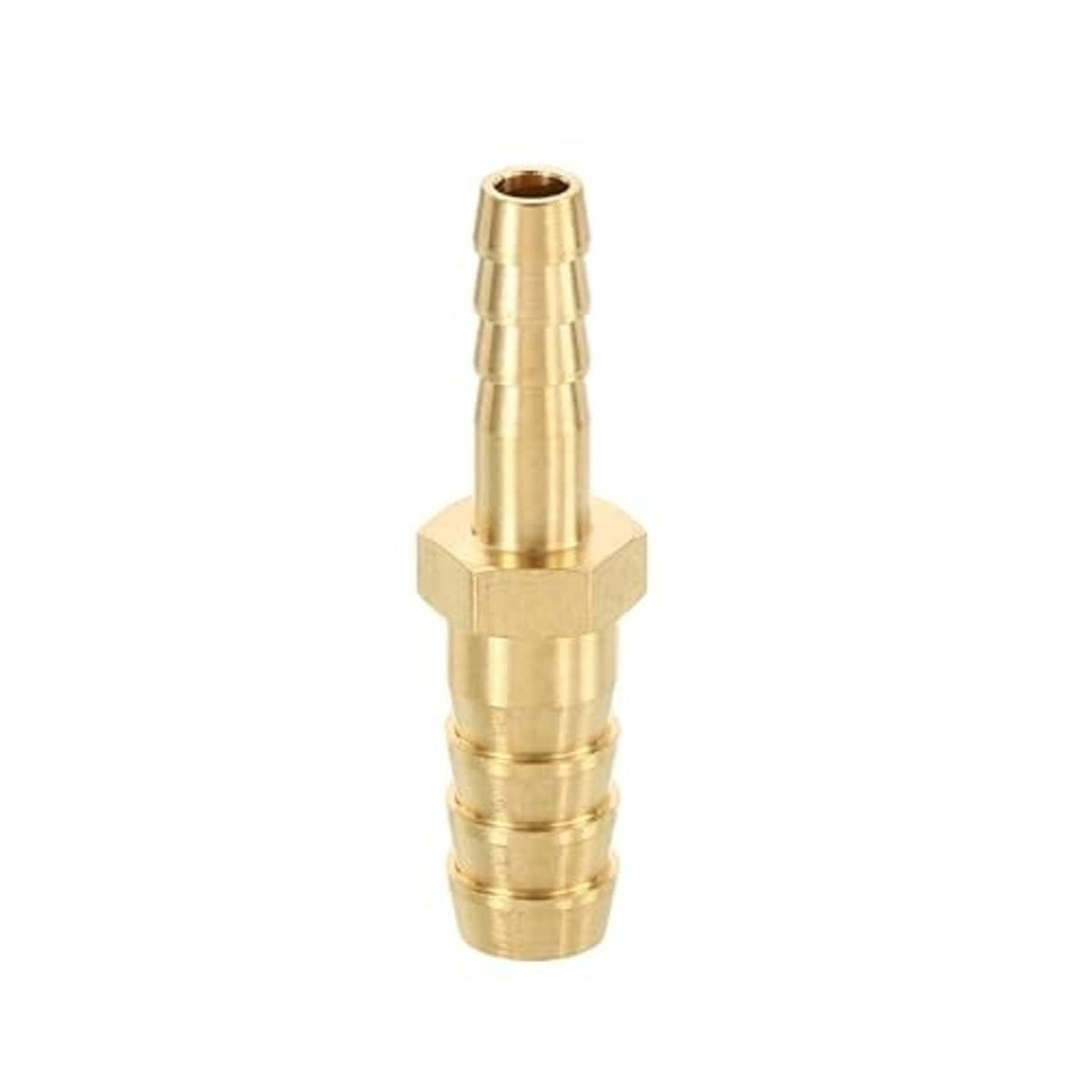 Brass 3/8-in to 1/2-in hose barb fitting with hex connector base and barbed tip