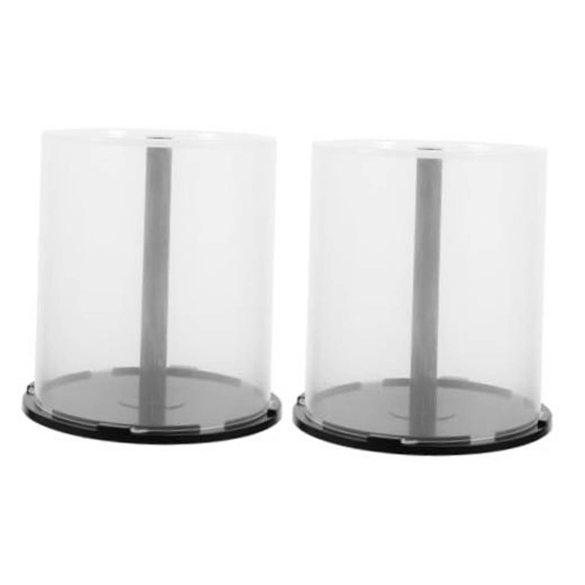 Clear CD/DVD spindle storage case with central hub and dark base ring (empty)