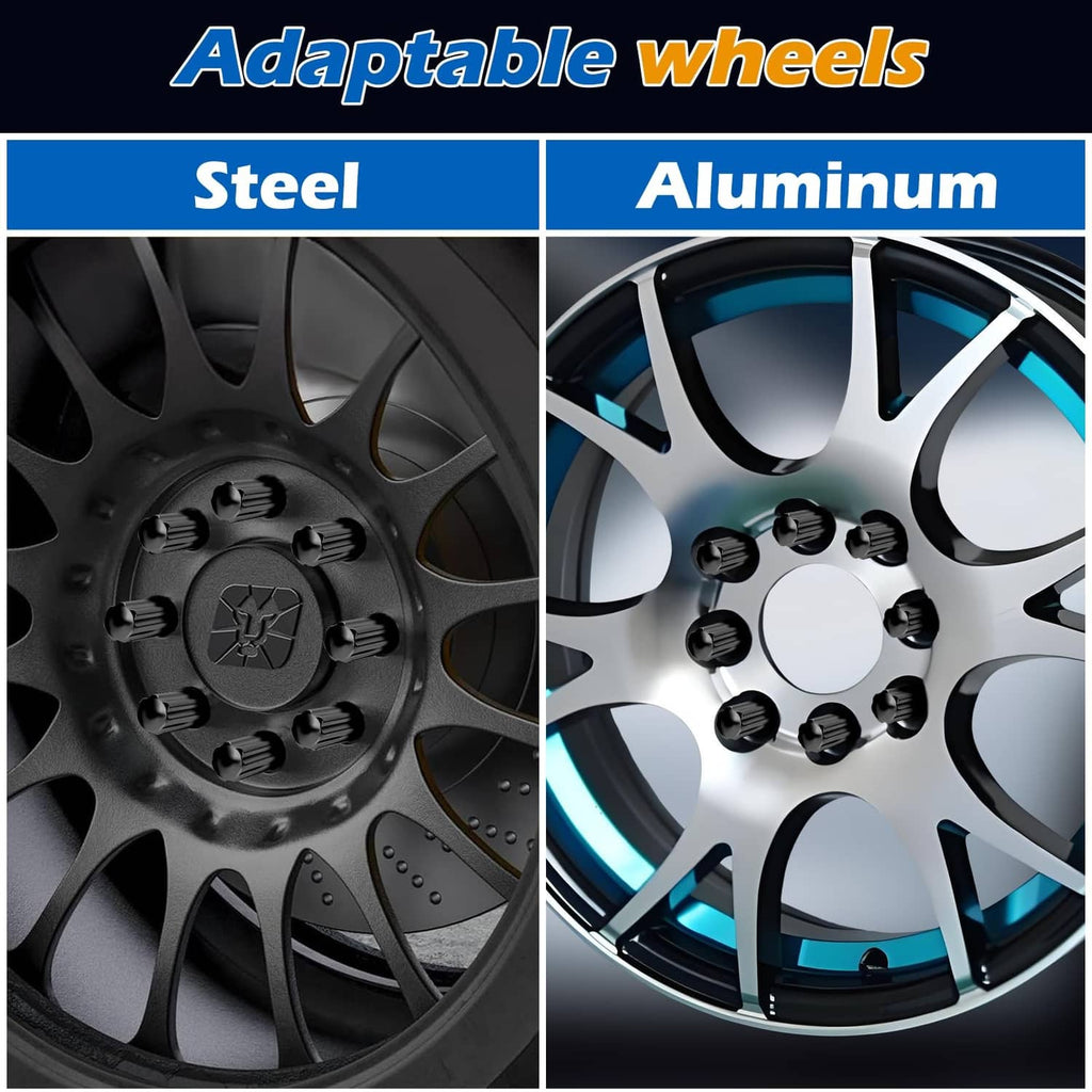 Dynofit lug nut compatibility graphic for steel and aluminum wheels