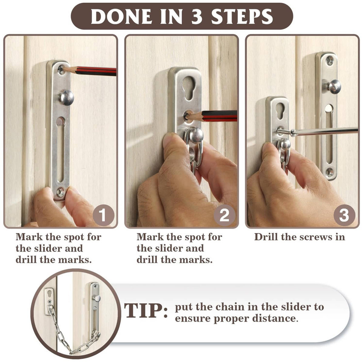 Door chain lock with slider latch and linked safety chain, plus mounting screws