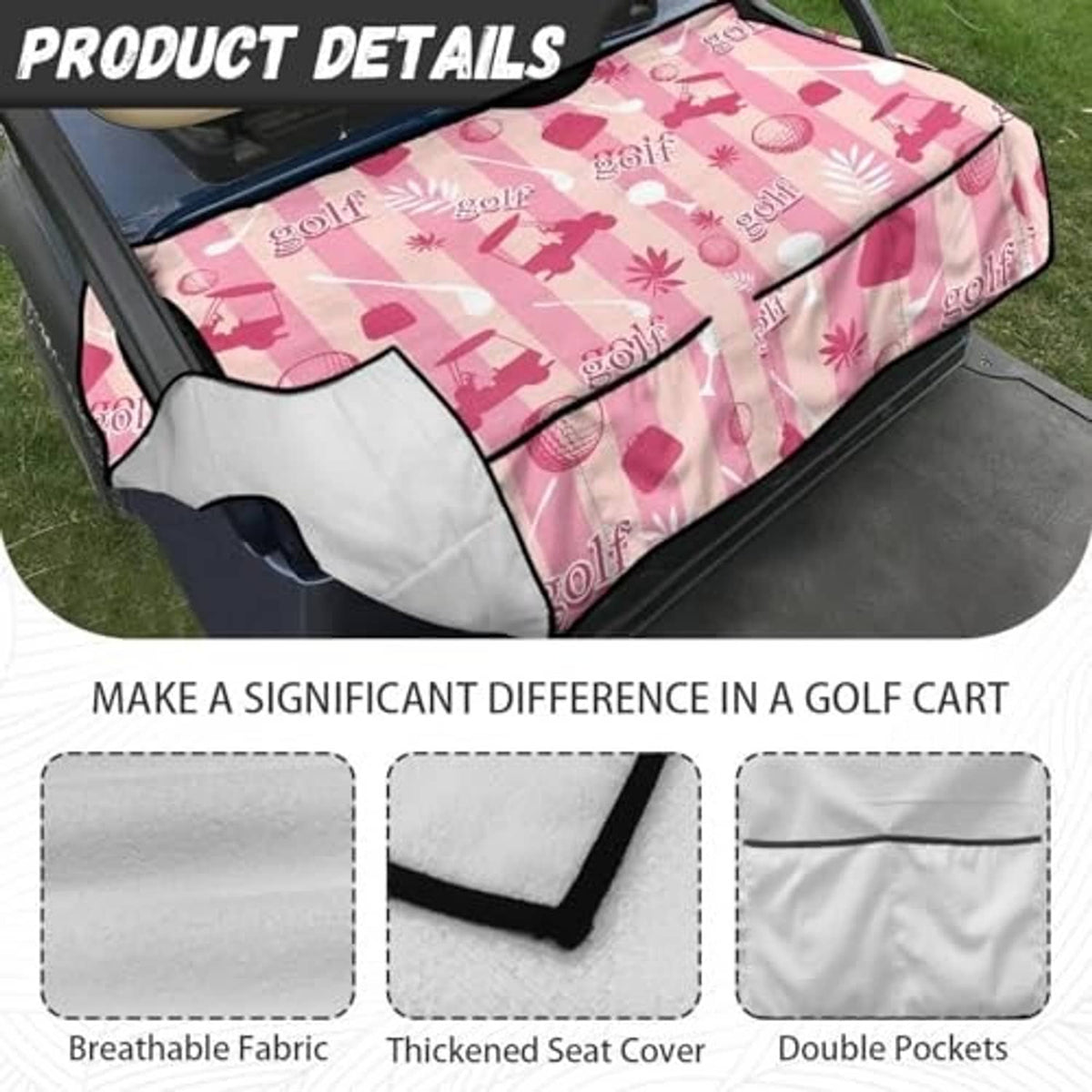 Close-up of pink golf cart seat cover towel with black trim and quilted, thicker edge panel