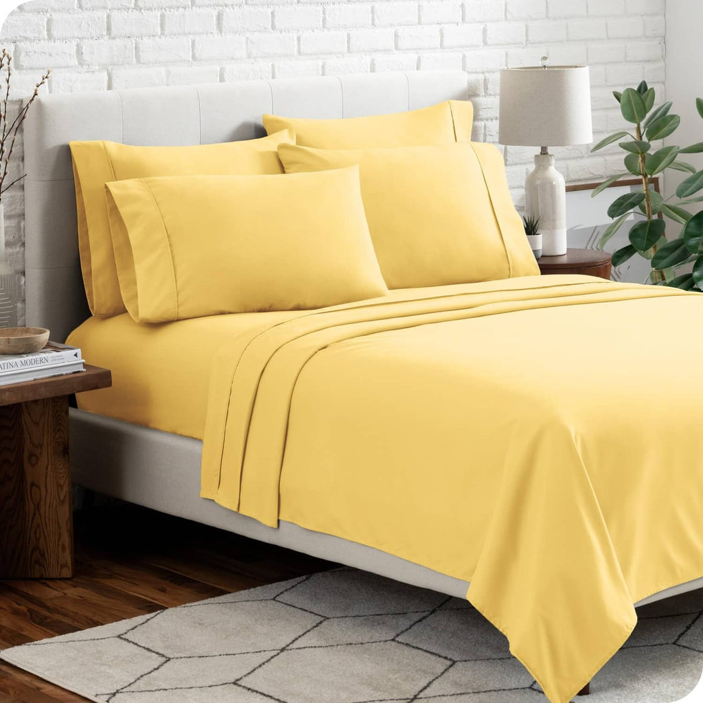 Lemon-yellow Twin XL microfiber bed sheet set with pillow shams and deep fitted sheet.