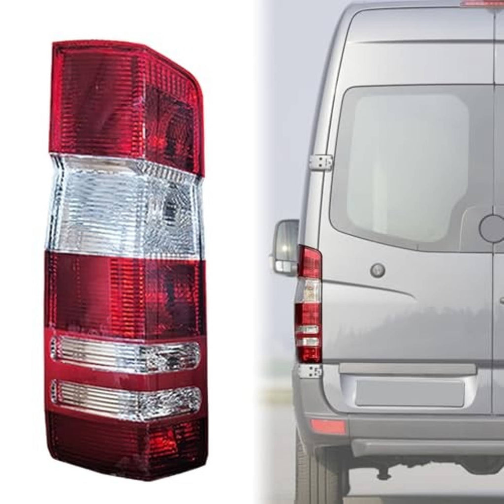 Driver-side rear tail light with red outer lens and clear middle lens.