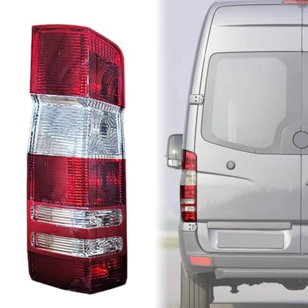 Driver-side rear tail light with red outer lens and clear middle lens.