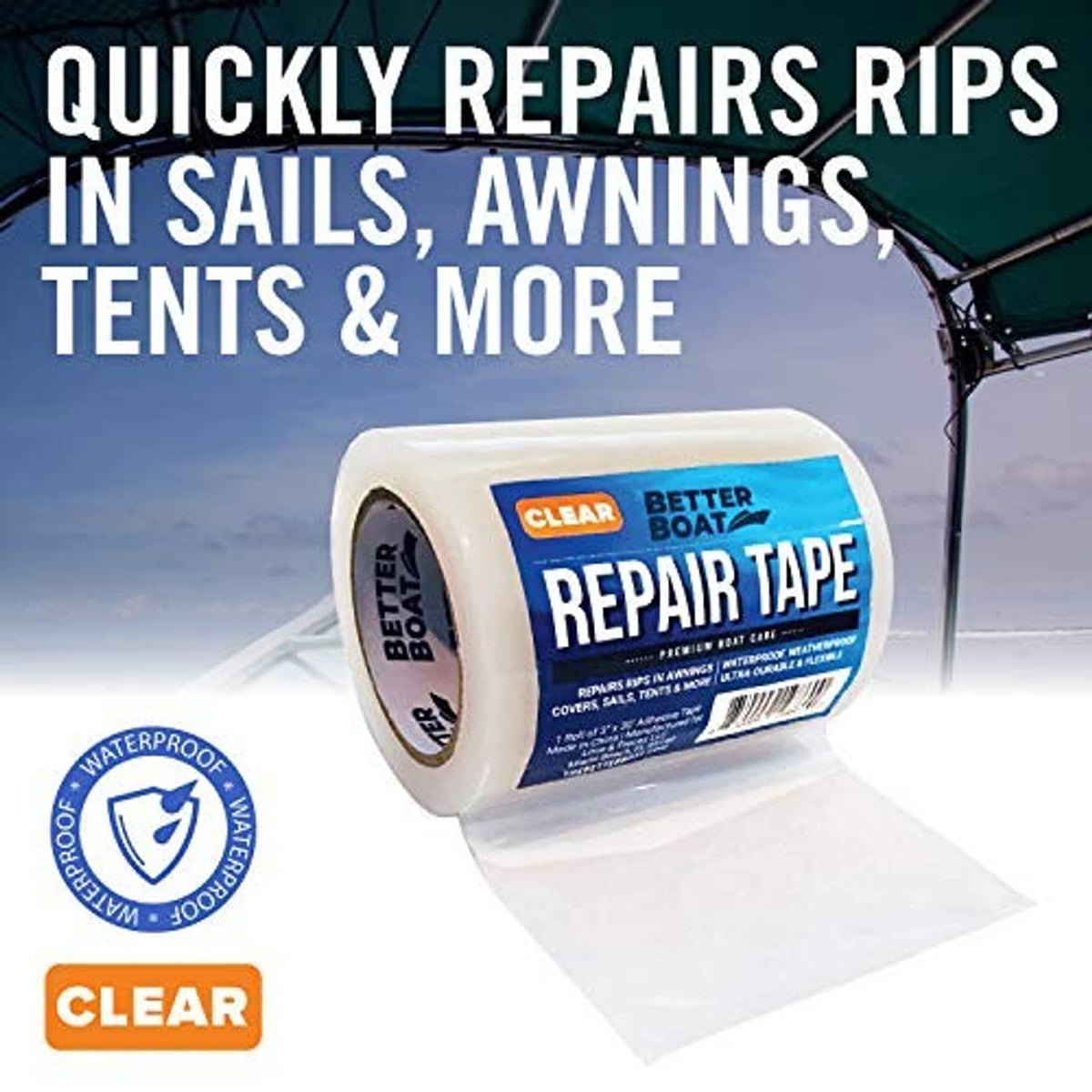 Clear Better Boat repair tape roll with white patch strip, waterproof seal badge on packaging.