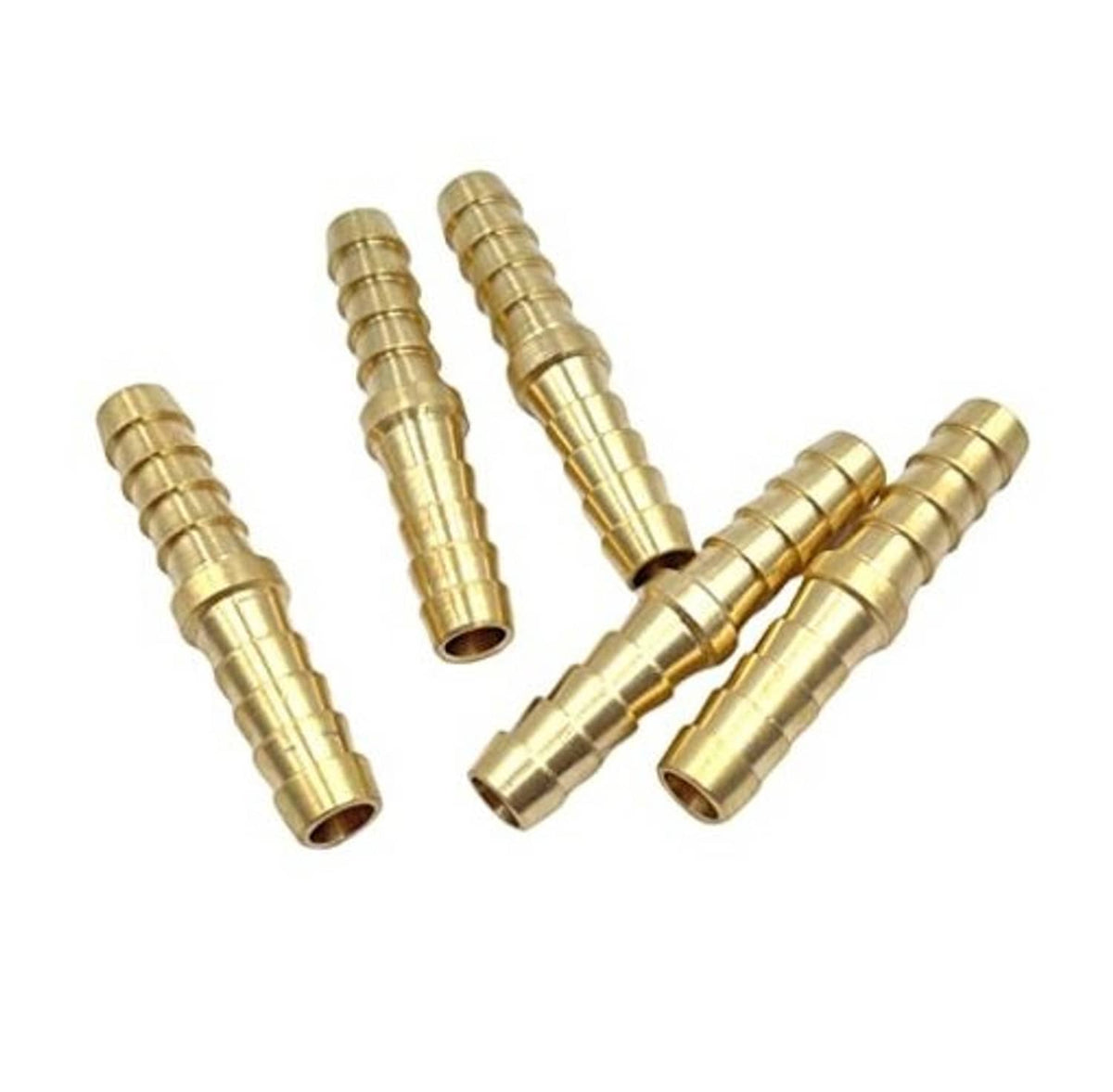 Five brass 1/4 in hose barb fittings, barbed tube ends for splicing hoses
