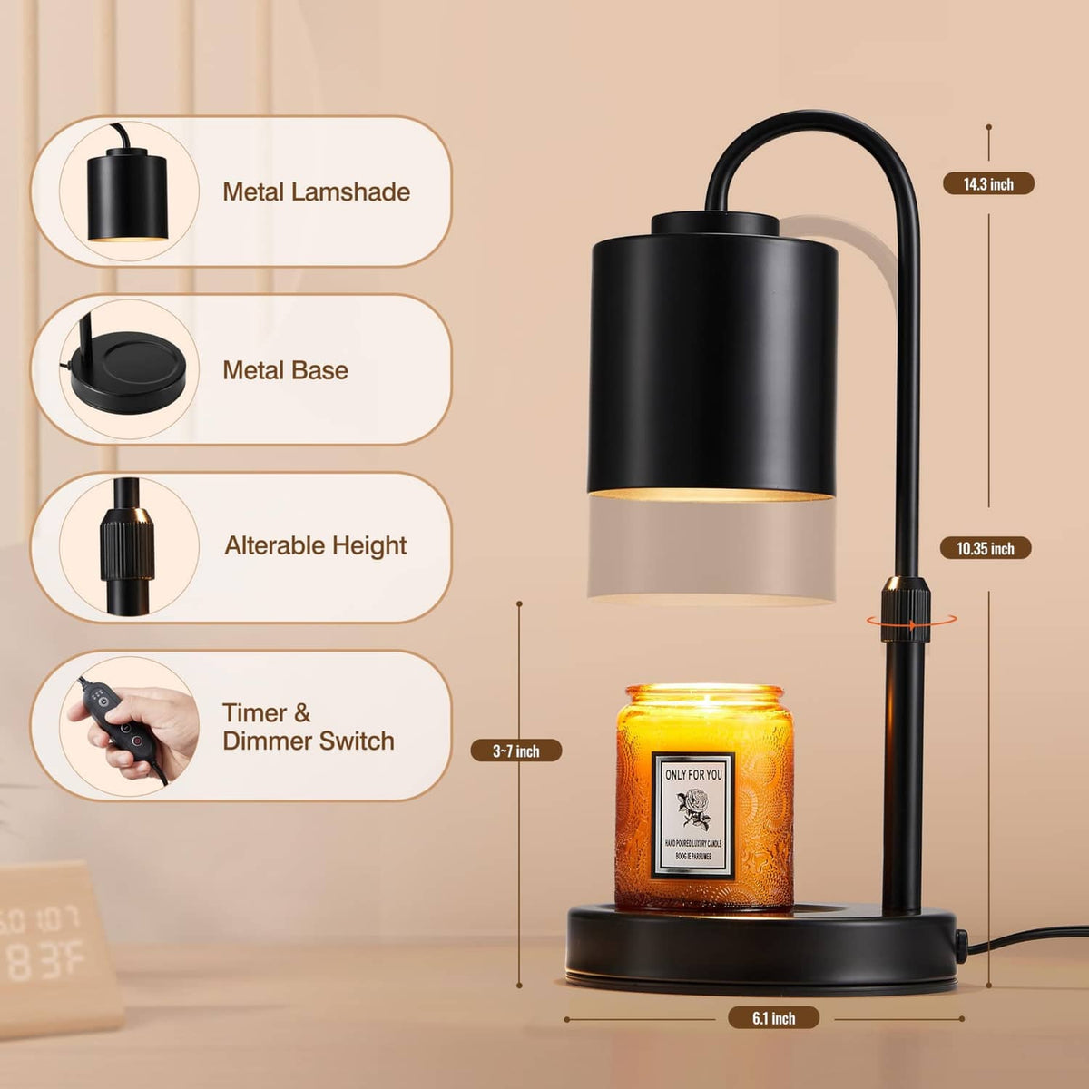 Black candle warmer lamp with metal shade and base, height-adjustable stand and jar candle