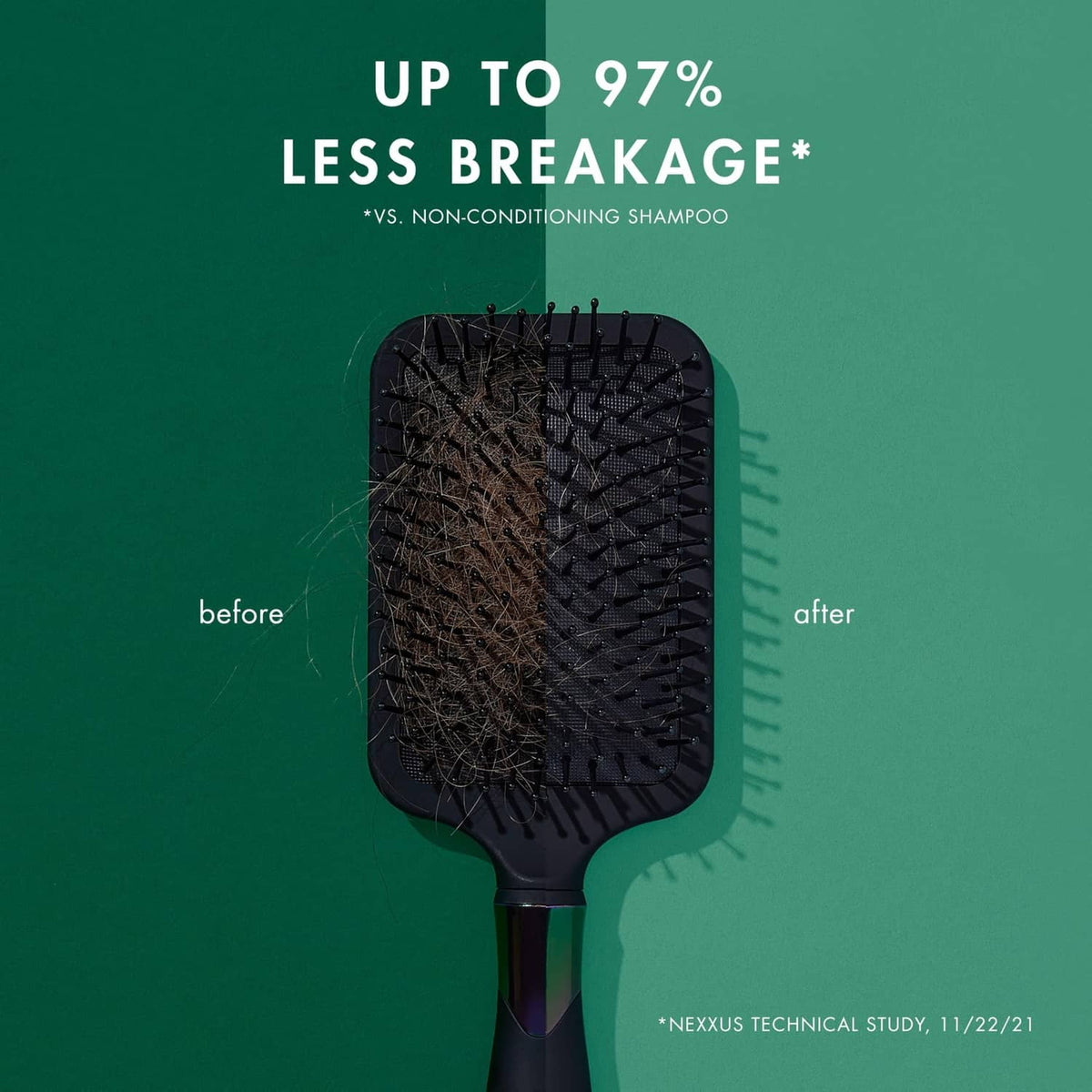 Black hairbrush with bristles over up to less breakage before/after graphic