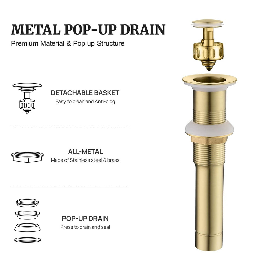 Brushed gold pop-up drain stopper kit with detachable basket and top cover