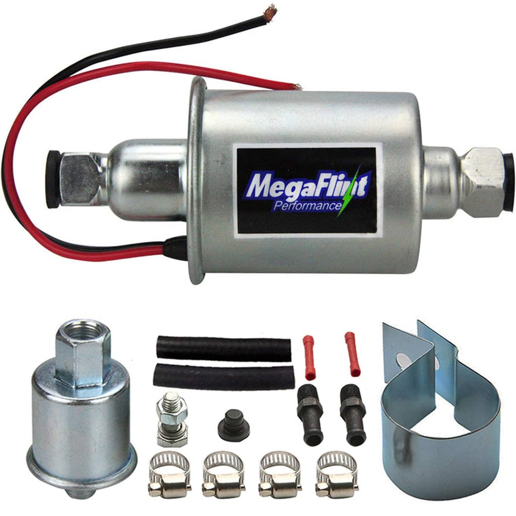 Electric inline fuel pump with metal housing, wiring leads, and fuel line fittings