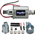 Electric inline fuel pump with metal housing, wiring leads, and fuel line fittings
