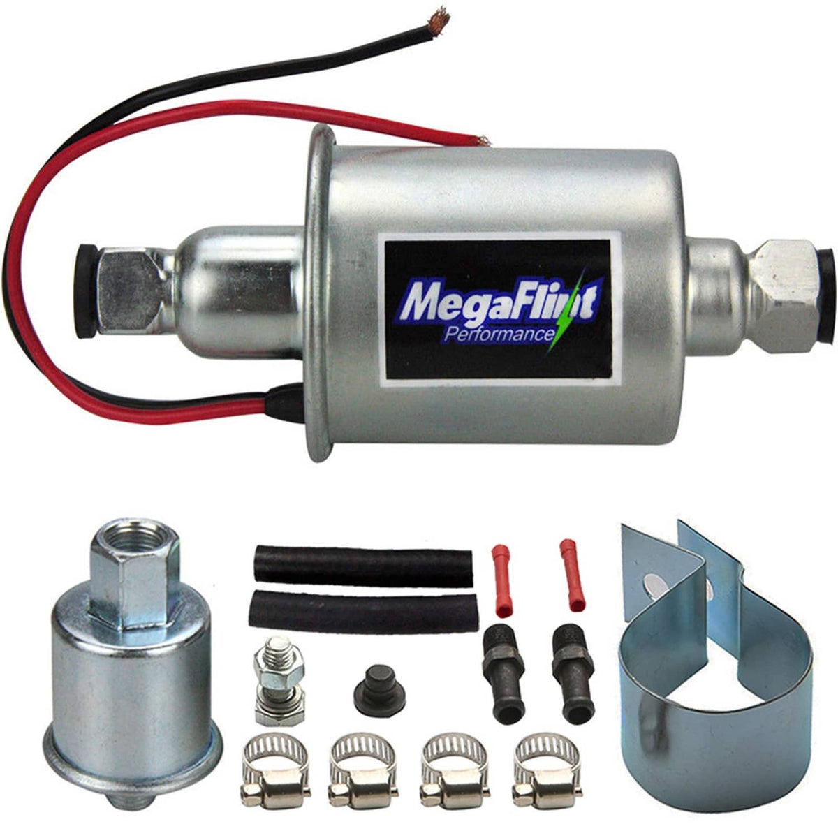 Electric inline fuel pump with metal housing, wiring leads, and fuel line fittings