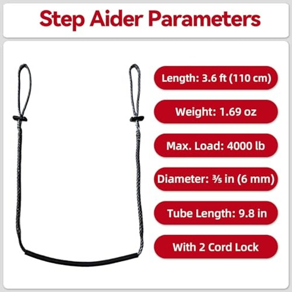 Climbing stick step aider with two cord loops and black rubber tube, front view