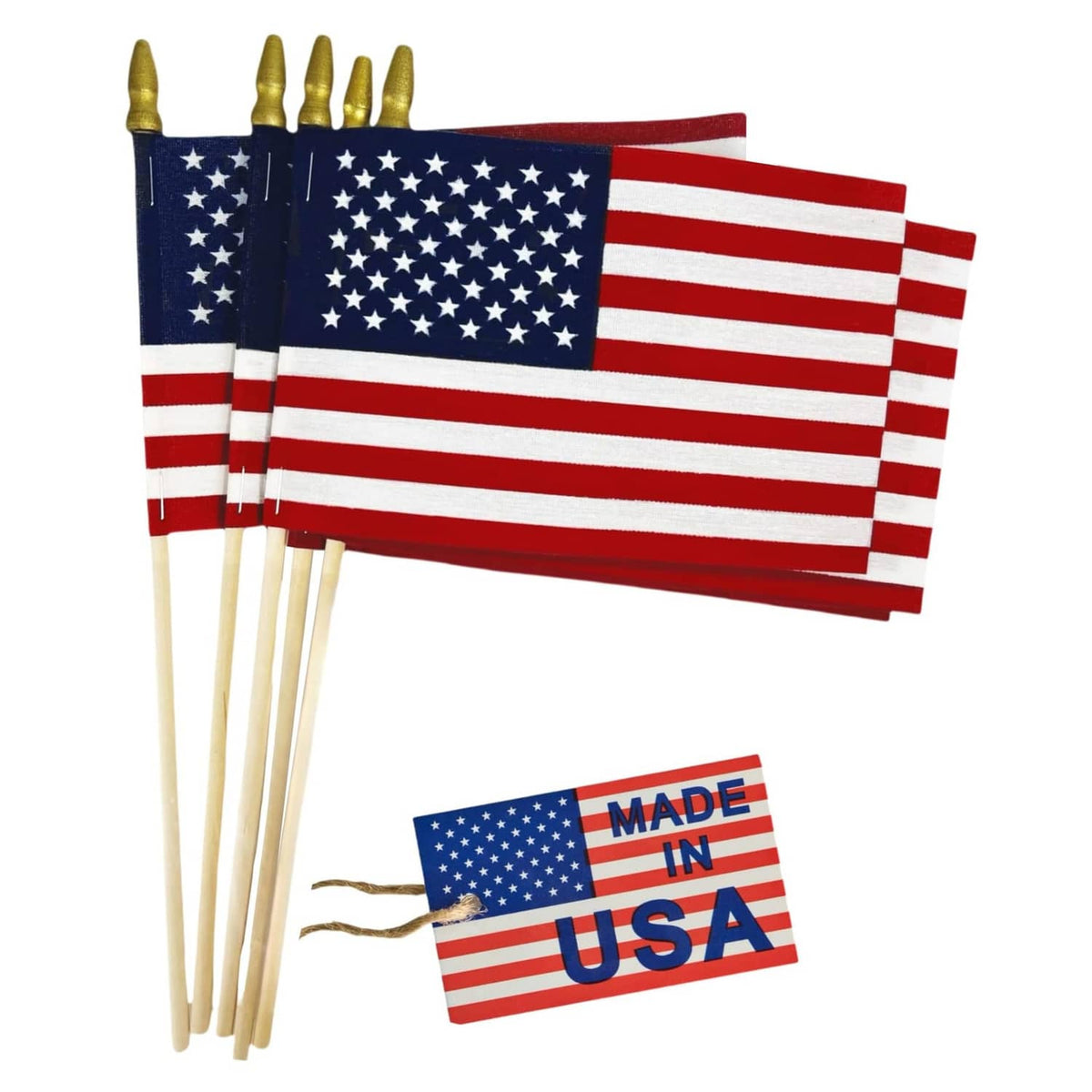 Small U.S. stick flags set, gold spear tips, red white and blue fabric on wooden poles