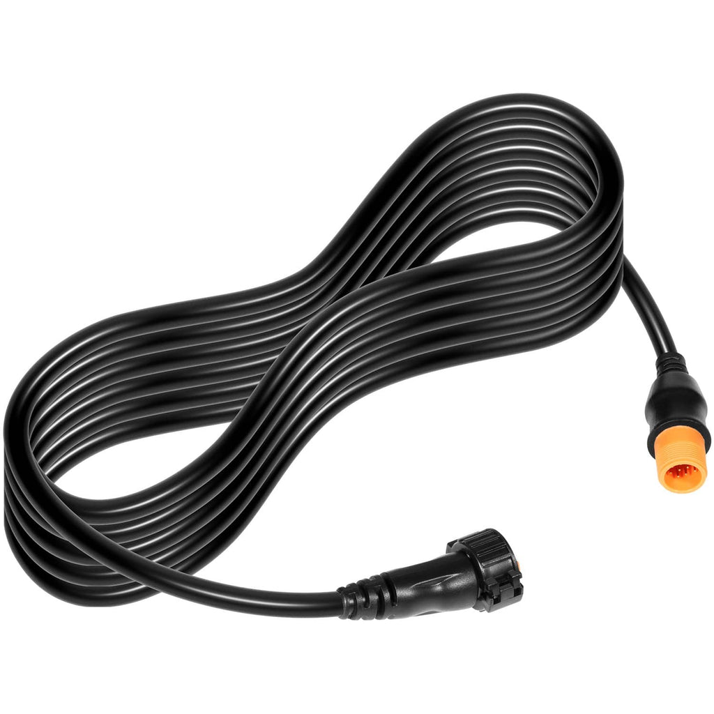 Coiled black transducer extension cable with orange 12-pin connector at one end