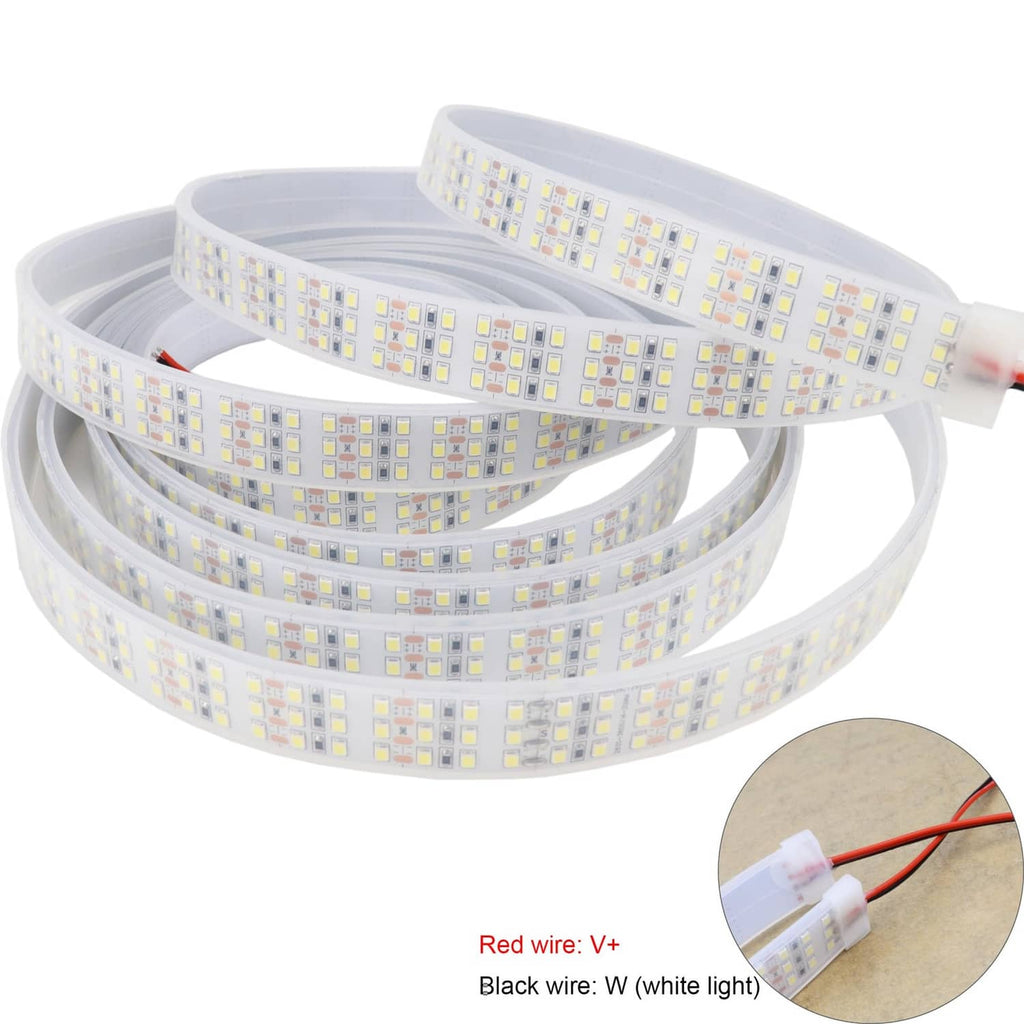 Triple-row LED strip light coil with red and black lead wires for power