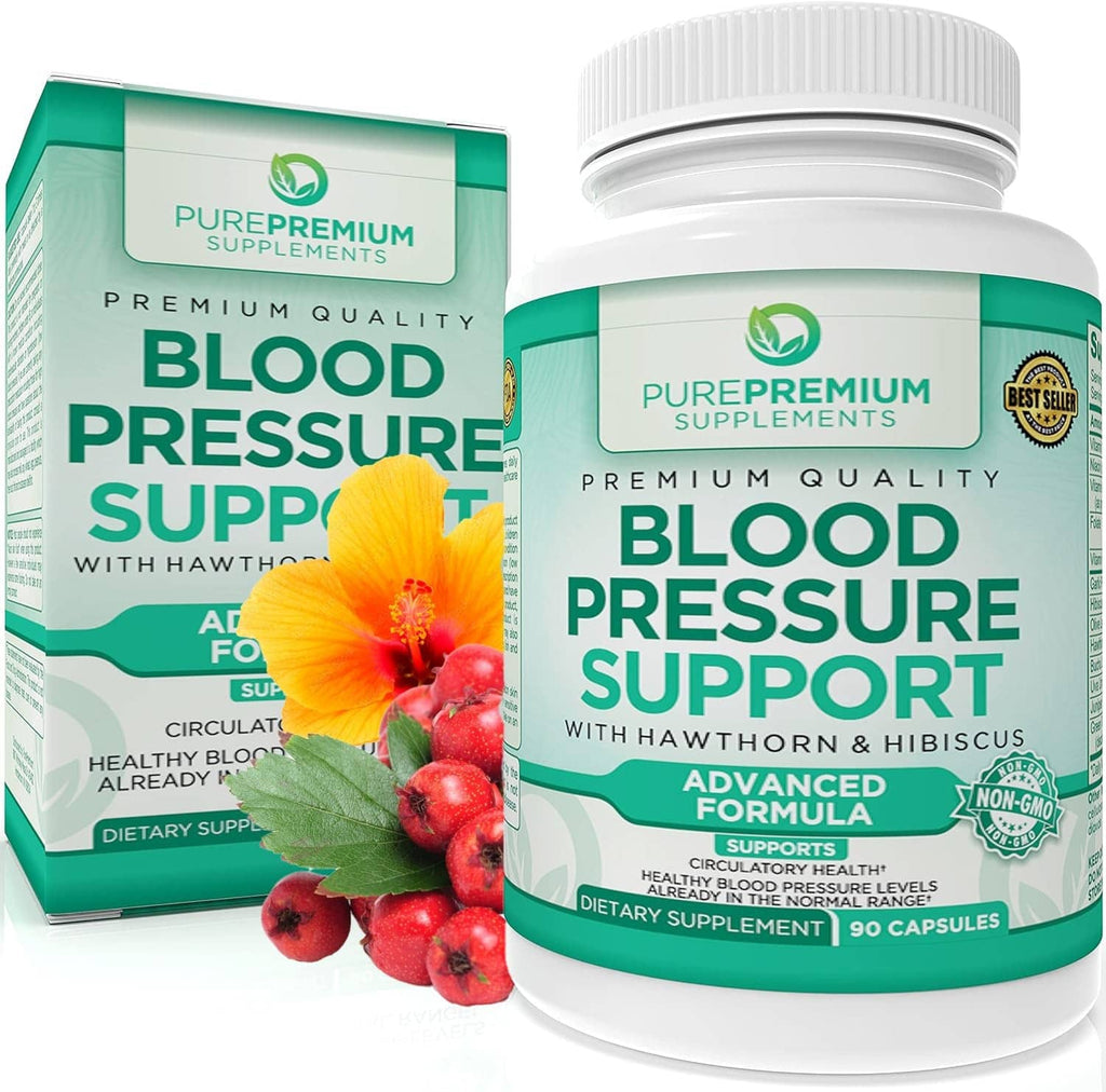 Blood pressure support supplement bottle with hawthorn and hibiscus, plus product box