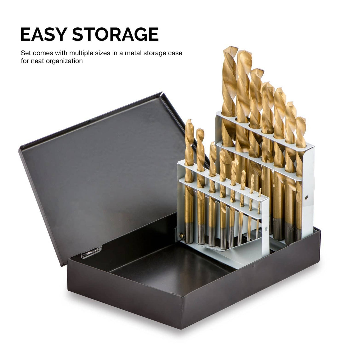 Left-hand drill bit set in a metal storage case with organized gold drill bits